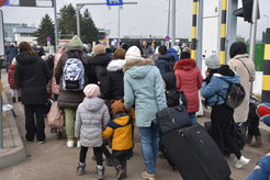 Refugees entering Poland at border crossing point Medyka